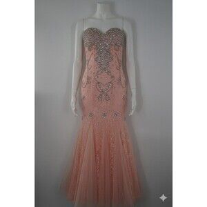 Hebeos Peach Lace Mermaid Princess Barbiecore Crystal Beaded Strapless Gown Sz 4